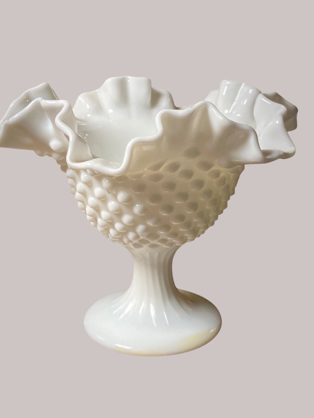 White Milk Glass Hobnail Ruffled Crimped Edge Compote Vase Dish - Picture 1 of 11